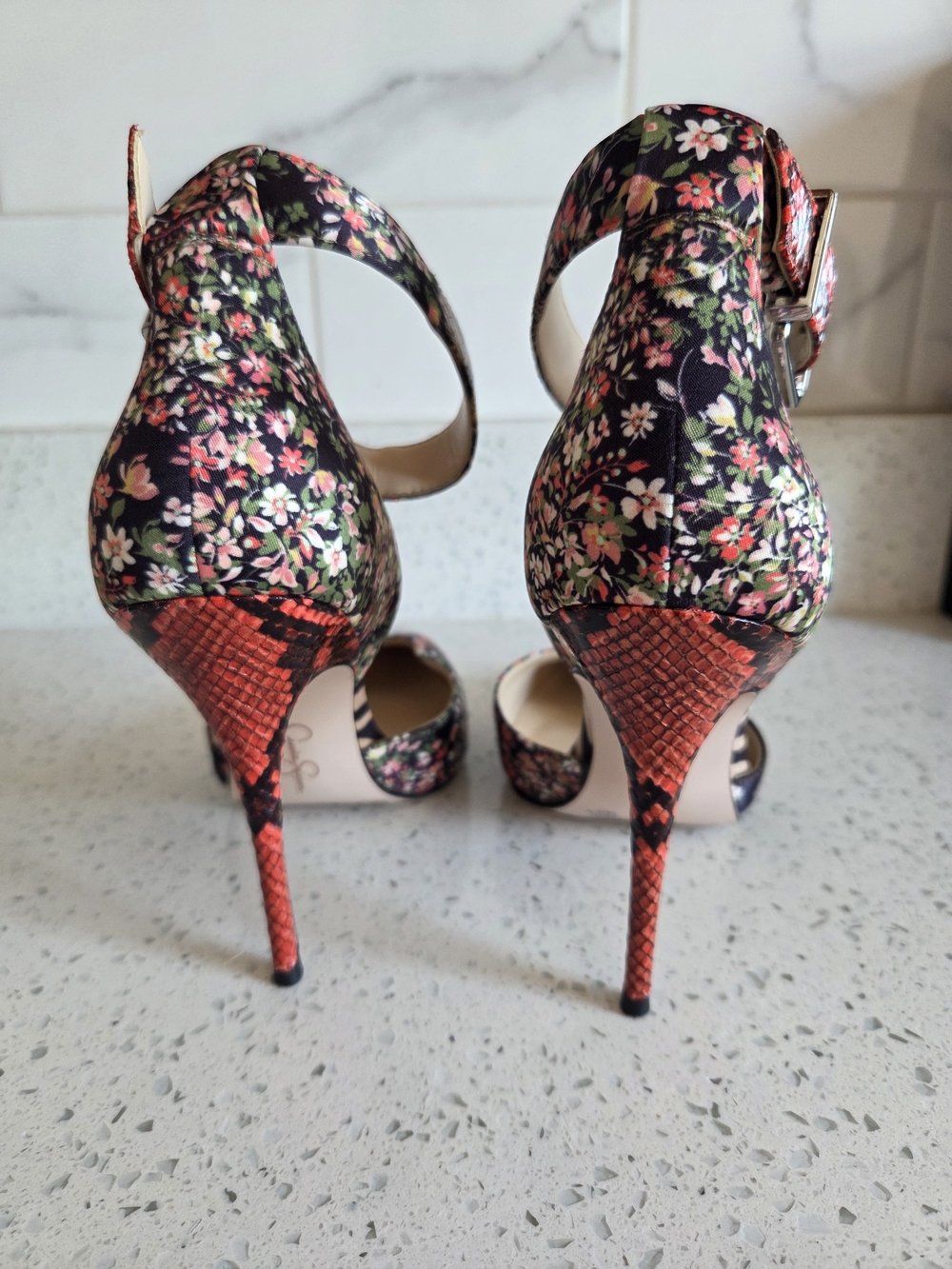 Floral Patchwork Pointed-Toe Ankle Strap Pumps in Black - Picture 7 of 7